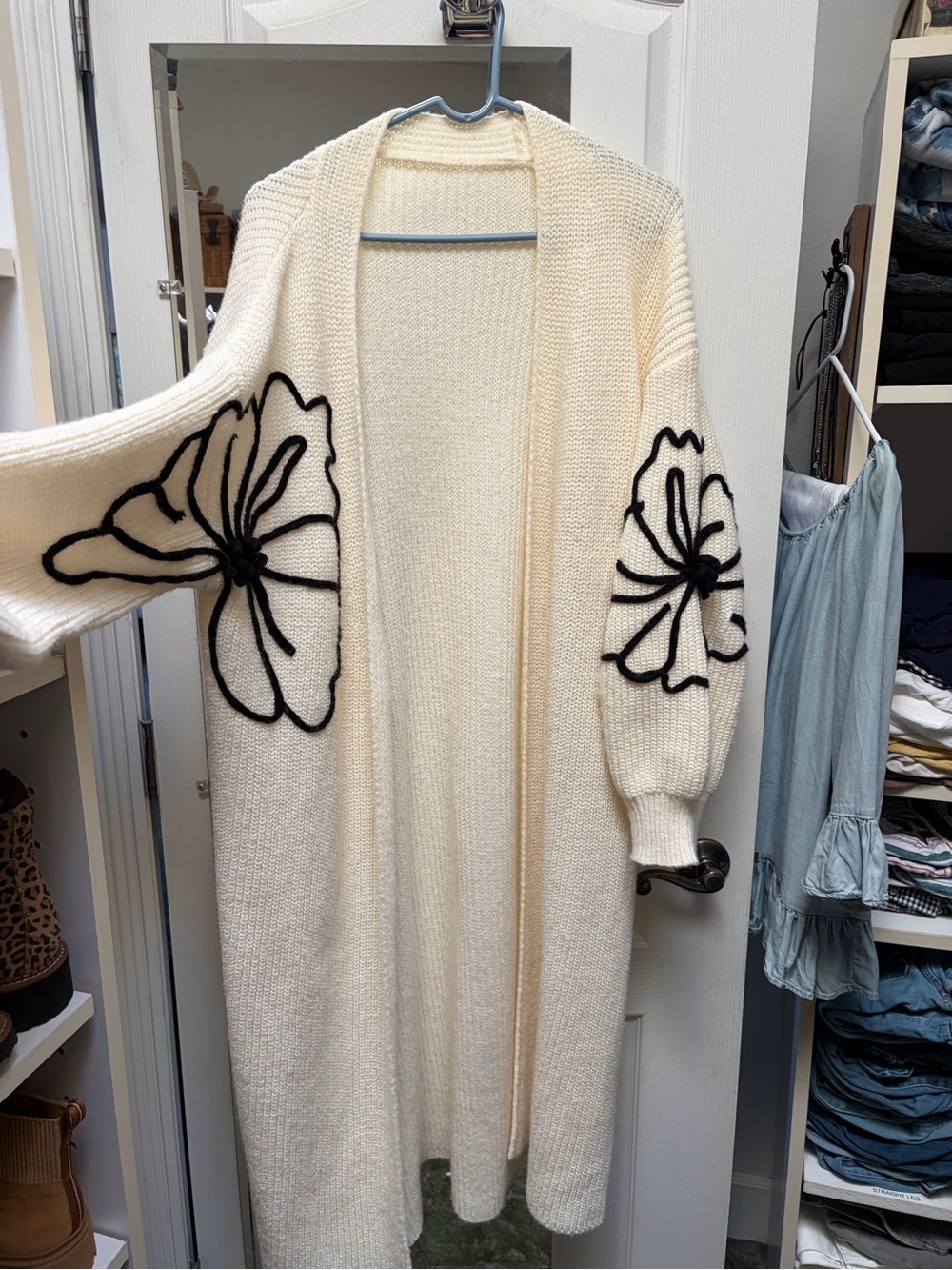 Cream Open-Front Long Knit Cardigan with Black Floral Sleeve Detail